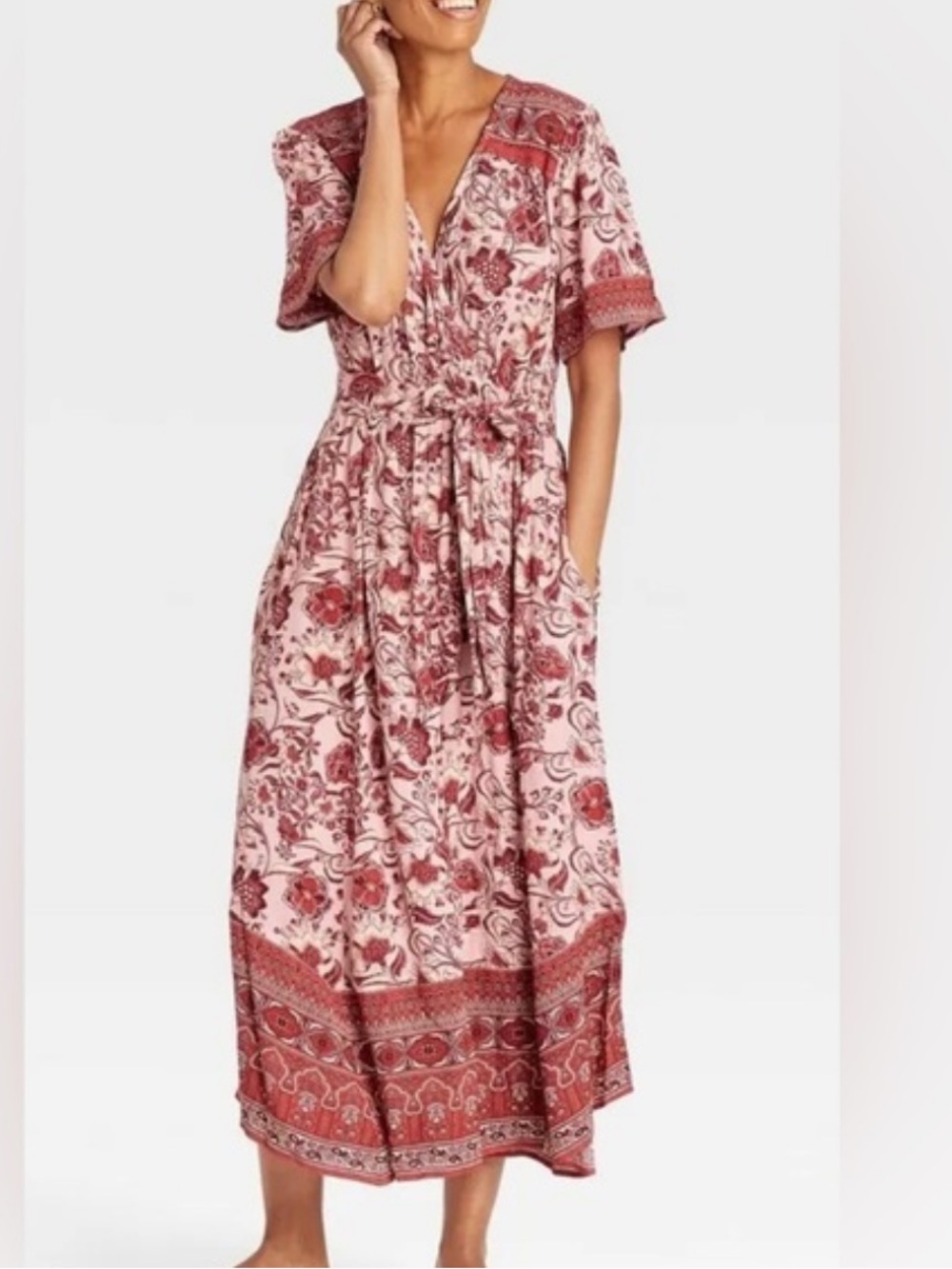 Knox Rose Boho Pink Floral Print Midi:Maxi Dress